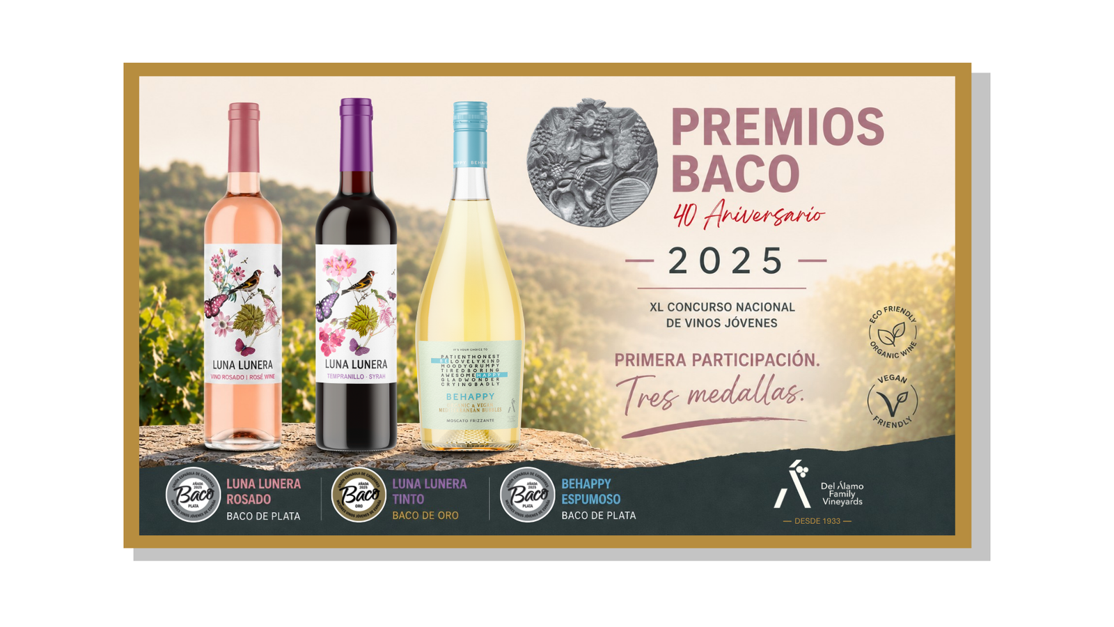 Del Álamo Family Vineyards obtiene un Baco de Oro y dos Bacos de Plata en los Premios Baco 2025
